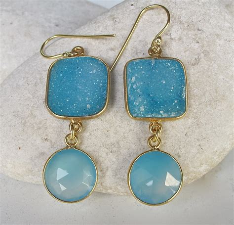 Blue Druzy Earring Gold Druzy Gold Dangle Drop Earring Handmade Blue Boho Festival Sparkly ...