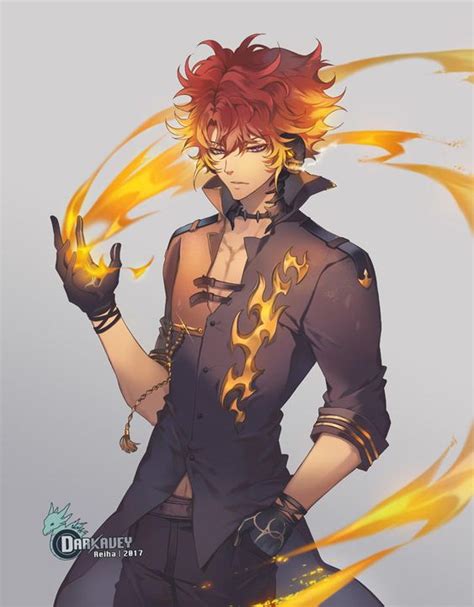 an anime character with red hair and flames on his arm, wearing black pants and a jacket