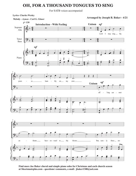 Oh For a Thousand Tongues to Sing (arr. Joseph B. Baker) Sheet Music ...