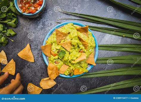 Bowl of Delicious Guacamole with Tortilla Chips on Dark Surface Stock Image - Image of coriander ...