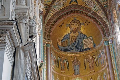 Interior of Cefalu Cathedral with mosaic of Christ Pantokrator in the apse, Sicily, Italy ...