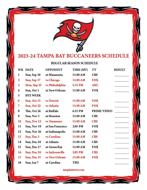 Printable 2023-2024 Tampa Bay Buccaneers Schedule