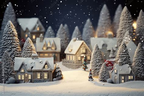 Christmas Village Scene With Snow In Vintage Style, Showcasing Winter ...