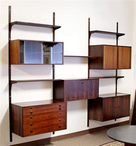 Mid-Century Modern Rosewood Shelving Wall Unit Five-Drawer Seven-Shelf at 1stDibs