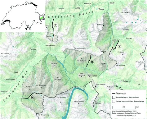 Map of the four transect lines examined in the Swiss National Park and ...