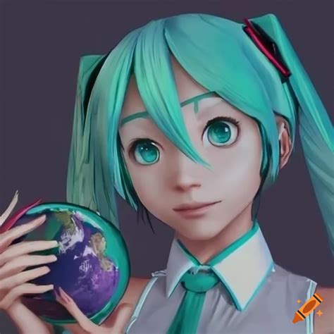 Realistic artwork of hatsune miku holding a shrunken earth in space on Craiyon