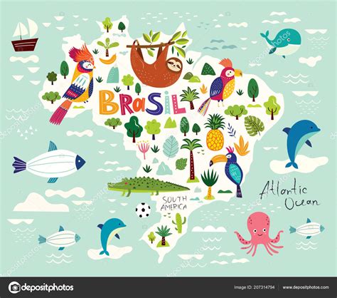 Map Brazil Colorful Brazilian Animals Symbols Vector Illustration Stock Illustration by ©Molesko ...