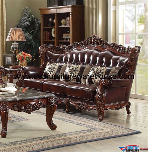 Eustoma Wood Trim Top Grain Leather Sofa - USA Furniture Warehouse