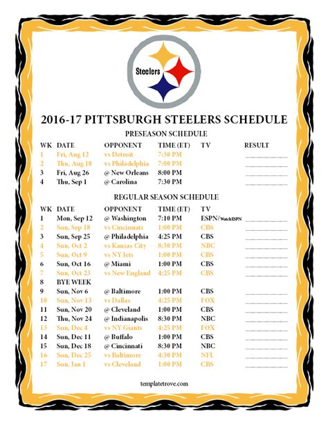 Printable 2016-2017 Pittsburgh Steelers Schedule