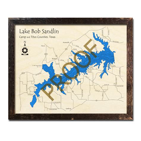 Lake Bob Sandlin, Texas 3D Wooden Map | Framed Topographic Wood Chart