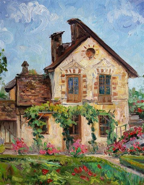 Village Old house with flowers garden landscape Original Oil painting sky blue Palette knife Old ...