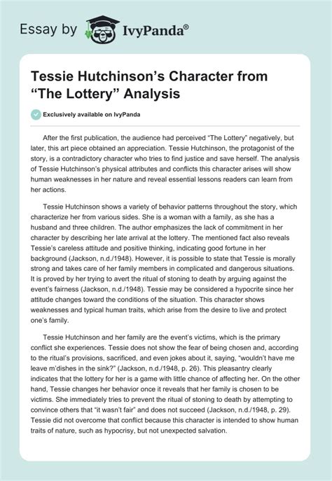 Tessie Hutchinson's Character from "The Lottery" Analysis - 582 Words | Essay Example