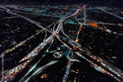 Aerial view of a massive highway in Los Angeles, CA at night Stock ...