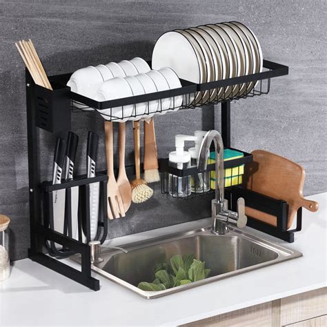 2 Tier Dish Drainer Drying Rack Over Sink Drainer Shelf Utensils Holder ...