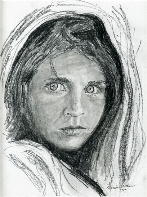 The Afghan Girl with green eyes; pencil sketch by Marion Wilburn based on a photograph by ...