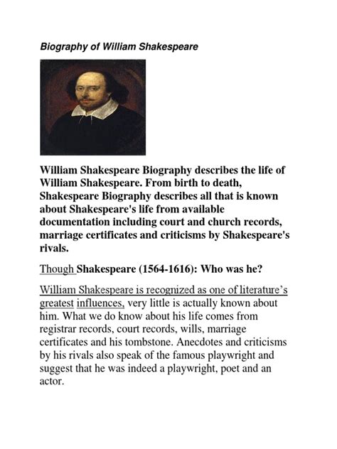 Short Biography William Shakespeare | PDF | William Shakespeare