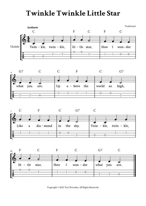 Twinkle Twinkle Little Star - For Ukulele (C Major - with TAB, Chords and Lyrics) by Traditional ...