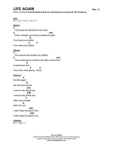 Life Again Chords PDF (Brad & Rebekah) - PraiseCharts