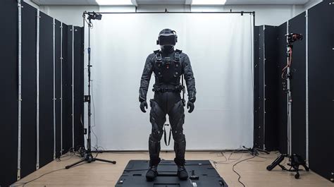 A person wearing a full body VR suit and headset stands in a studio ...