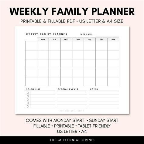 the printable family planner is shown in black and white, with text ...