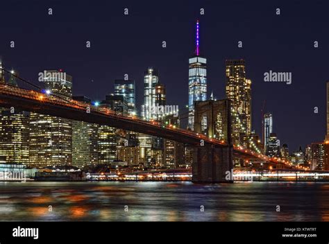 Brooklyn Bridge at night taken from Brooklyn Bridge Park Stock Photo ...