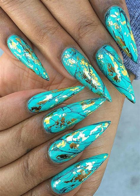 Turquoise green stiletto nails with gold Nail Art Designs, Marble Nail Designs, Marble Nail Art ...