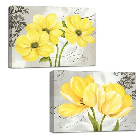 Beautiful Yellow and Gray Grey Flowers Canvas Wall Art Abstract Floral ...