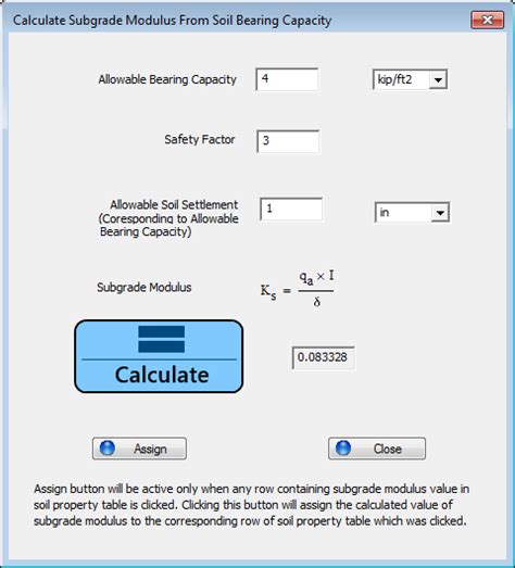 Calculate Subgrade Modulus From Soil Bearing Capacity dialog