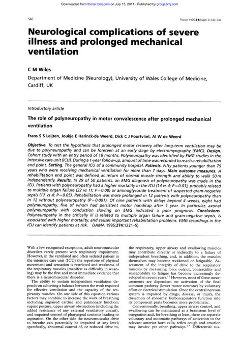 (PDF) Neurological complications of severe illness and prolonged mechanical ventilation