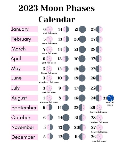 2023 Moon Phase Calendar Printable - Etsy New Zealand