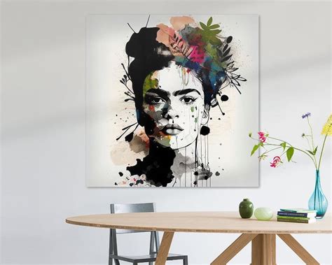 Frida black & white with flower color splash by Bianca ter Riet on canvas, poster, wallpaper and ...