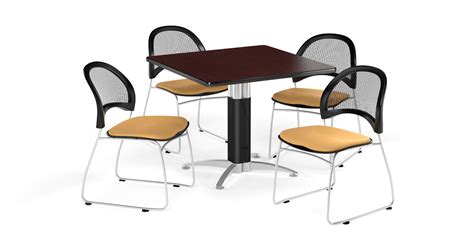 OFM Multi-Use Break Room Package, 42" Square Table with Moon Stack Chairs, Mahogany Finish with ...