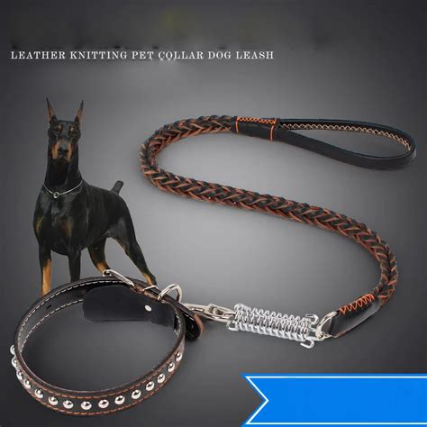 Pet Leather Collar Traction Belt Woven Belt Spring Collar Leather Knitting Pet Collar Dog Leash ...