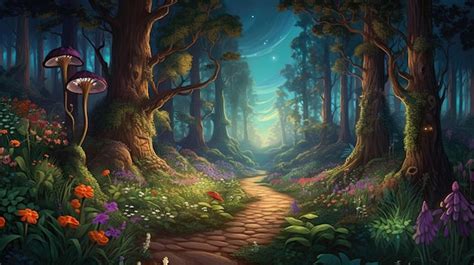 A forest path with a forest and a forest with flowers and a forest ...