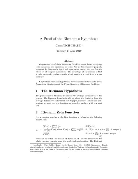 (PDF) A Proof of the Riemann's Hypothesis