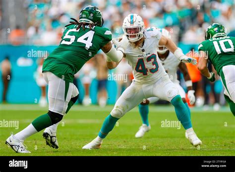 Miami Dolphins linebacker Andrew Van Ginkel (43) rushes during an NFL regular season game ...