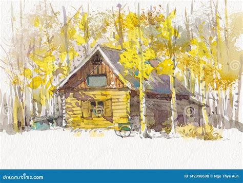 Cottage House Watercolor Painting at Country Side Stock Illustration ...