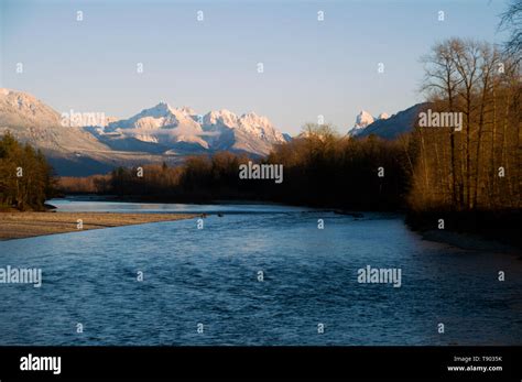 Cascade Mountains and Skykomish River viewed from bridge crossing the ...