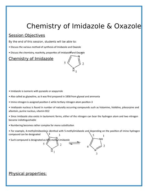 Chapter - 18 Chemistry of Imidazole Oxazole - Chemistry of Imidazole & Oxazole Session - Studocu