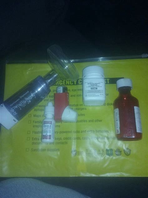 Asthma emergency kit. Contains rescue inhaler,chamber,allergie eye ...