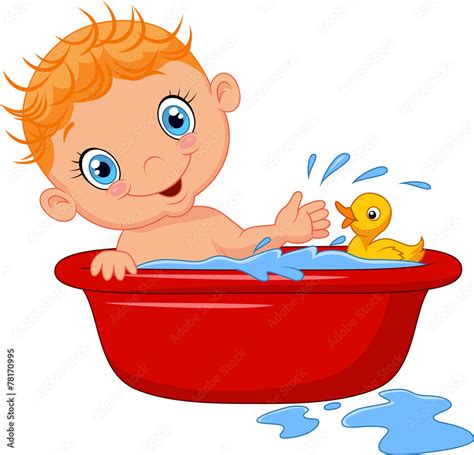 Cartoon baby in a bath splashing water Stock Vector | Adobe Stock