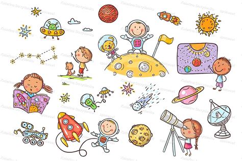 Cartoon space and astronauts set, vector cliparts for kids By Optimistic Kids Art | TheHungryJPEG