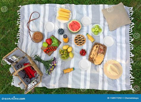 Picnic Blanket with Delicious Snacks on Grass in Park Stock Photo ...