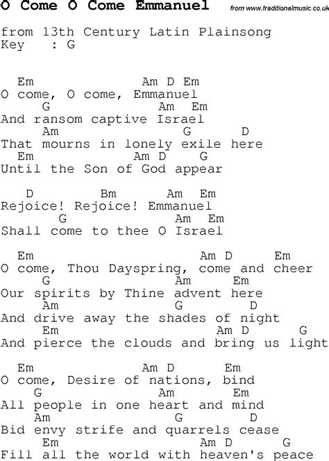 Christmas Carol/Song lyrics with chords for O Come O Come Emmanuel