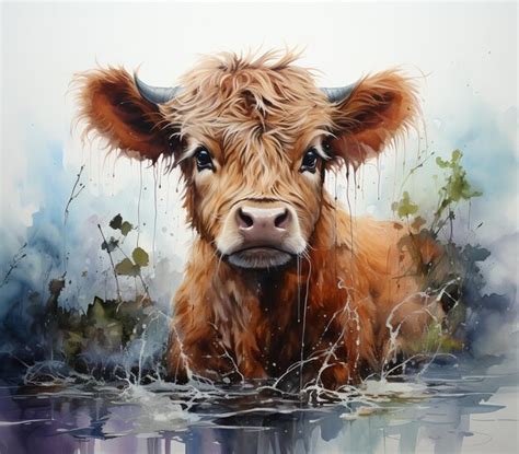 Premium Photo | Painting of a cow in water with a lot of water droplets generative ai