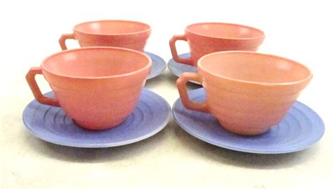 Hazel Atlas Moderntone Platonite Pink Blue Cup & Saucer Pastel Vintage Lot 4 USA | eBay