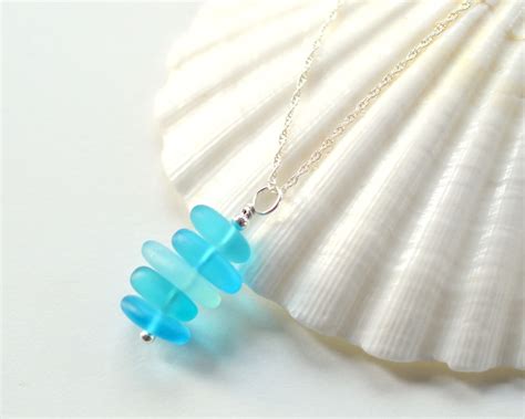 Light Blue Sea Glass Necklace Stacked Sea Glass Pendant Shades - Etsy