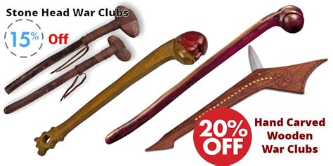 Stone Head & Hand Carved Native American War Clubs, 15% - 20% OFF