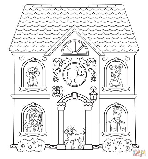 Barbie House with Characters coloring page | Free Printable Coloring Pages