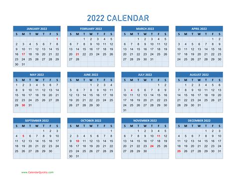 Year 2022 Calendars | Calendar Quickly